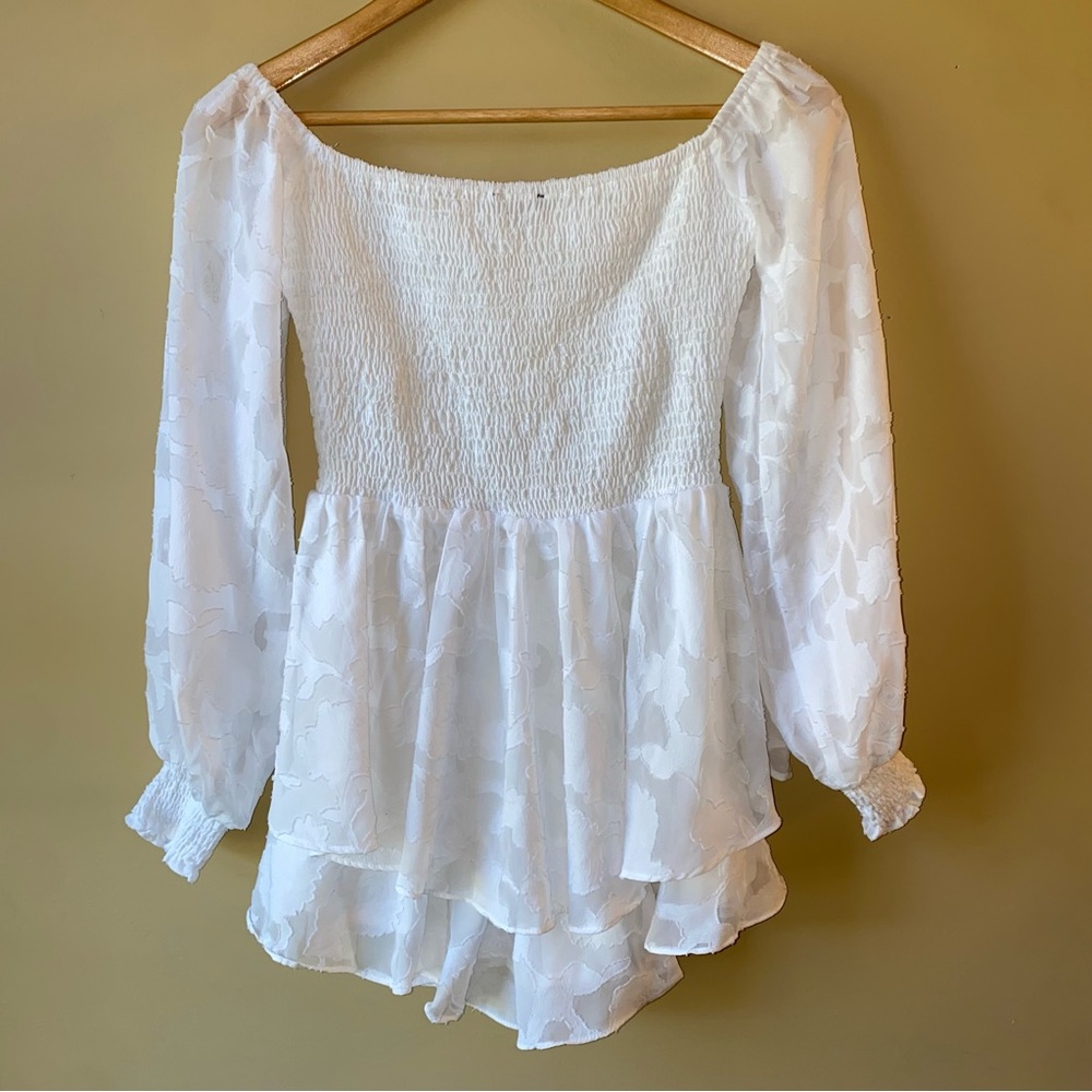Lulu’s Ivory Floral Off The Shoulder Smocked Romper Women’s Size S Long Sleeve - Picture 2 of 11